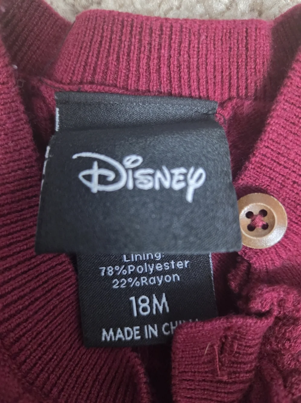 Disney Burgundy Cable Knit V-Neck Sweater with Yellow Winnie the Pooh Patch